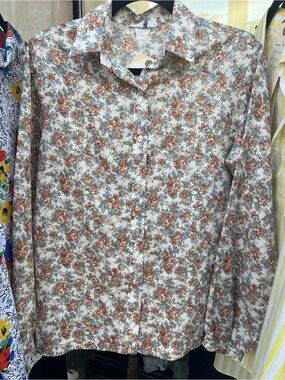 Floral Button-Up Blouse in Cream and Brown